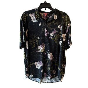 Guess Los Angeles Mens Floral Button Shirt XXL Black With Purple Green Flowers